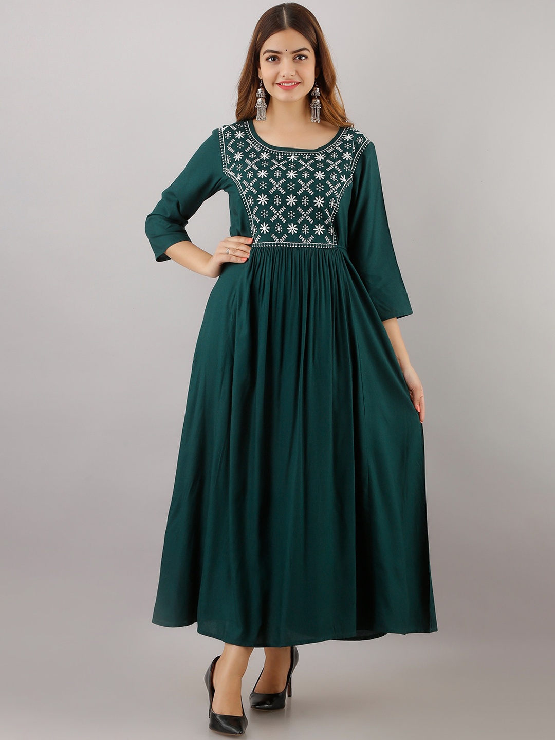 

Women Touch Green Floral Embroidered Ethnic Midi Fit & Flared Dress