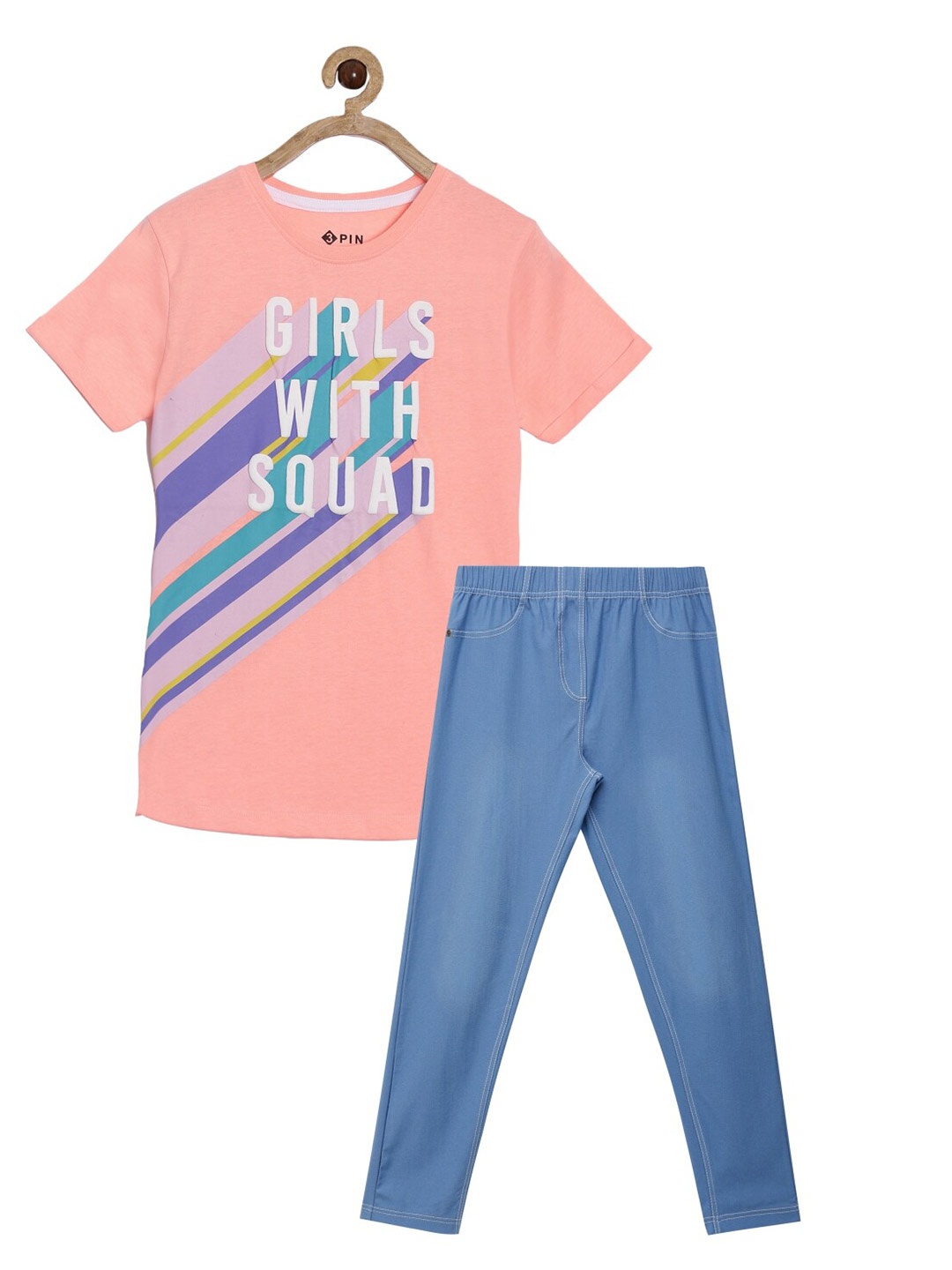 

3PIN Girls Peach & Blue Printed Pure Cotton T-shirt with Trouser