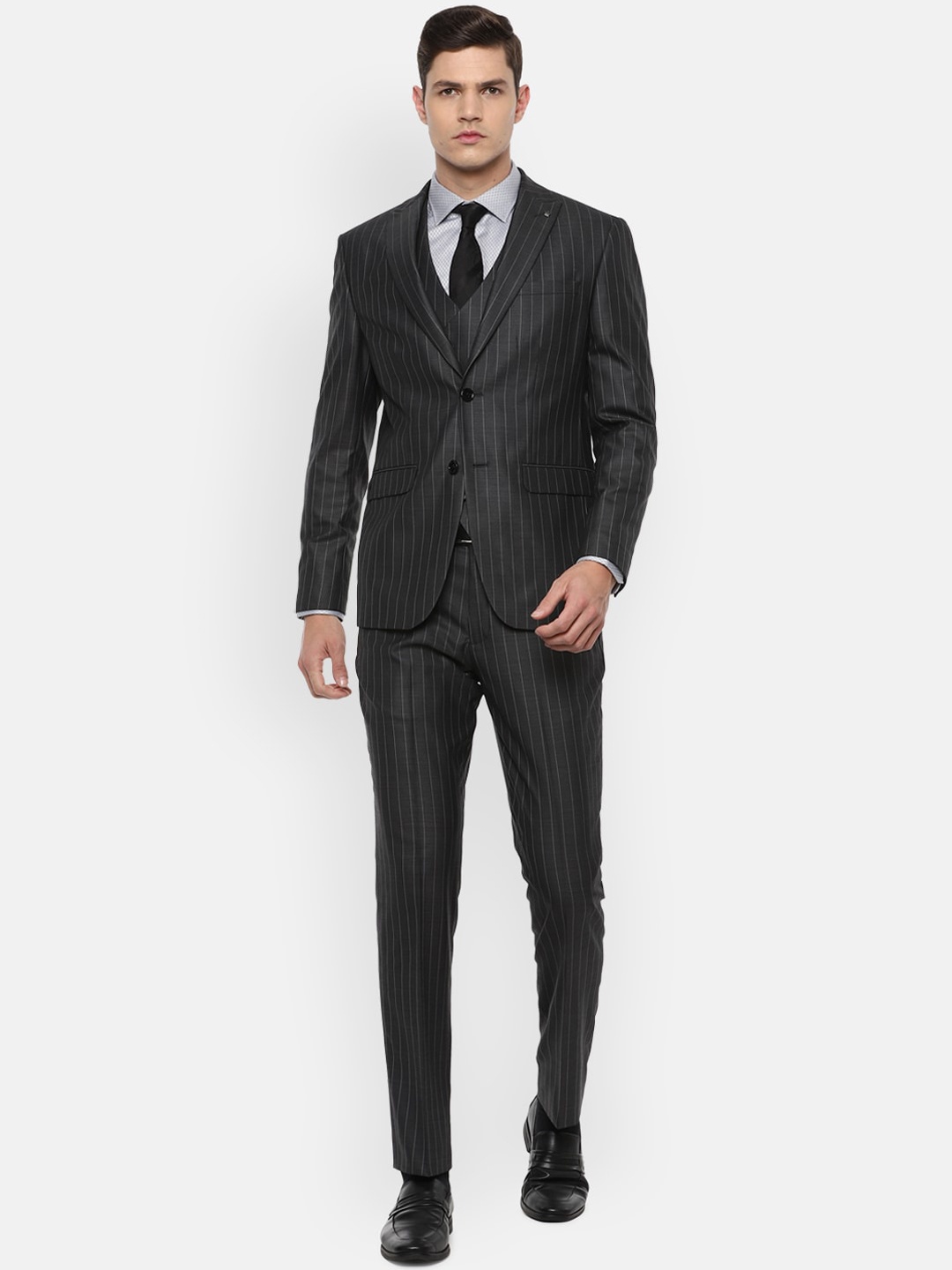 

Louis Philippe Men Grey Striped Slim-Fit Single-Breasted Formal Three-Piece Suit