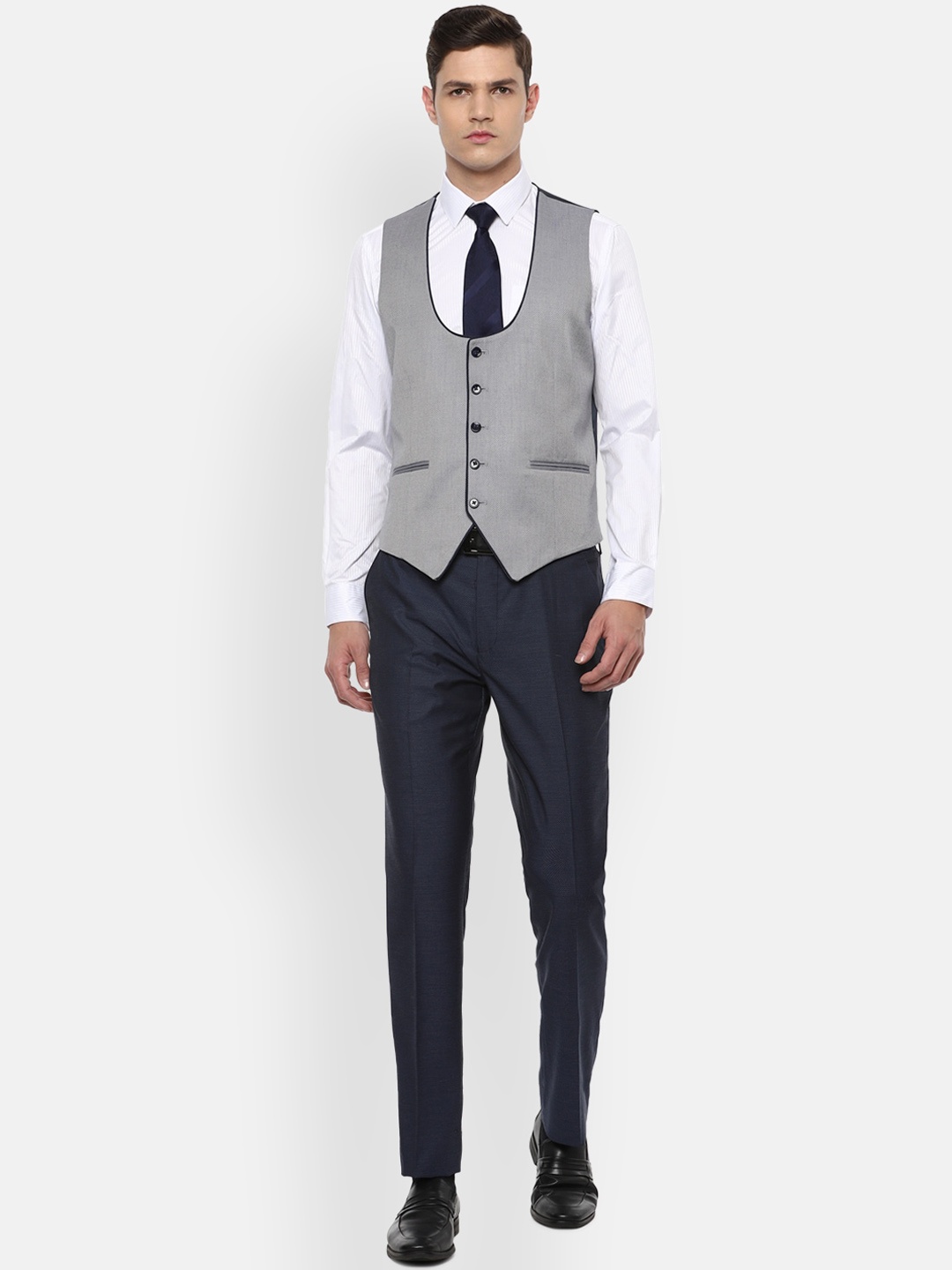 

Louis Philippe Men Navy Blue & Grey Slim-Fit Single-Breasted Three-Piece Formal Suit