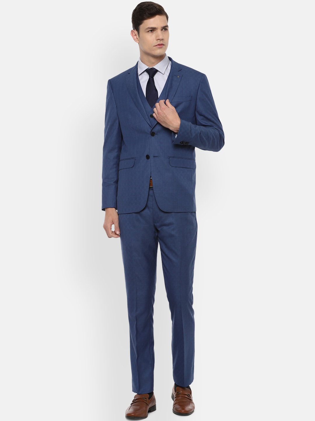 

Louis Philippe Gods & Kings Men Blue & Red Self-Design Slim-Fit Single-Breasted Three-Piece Formal Suit