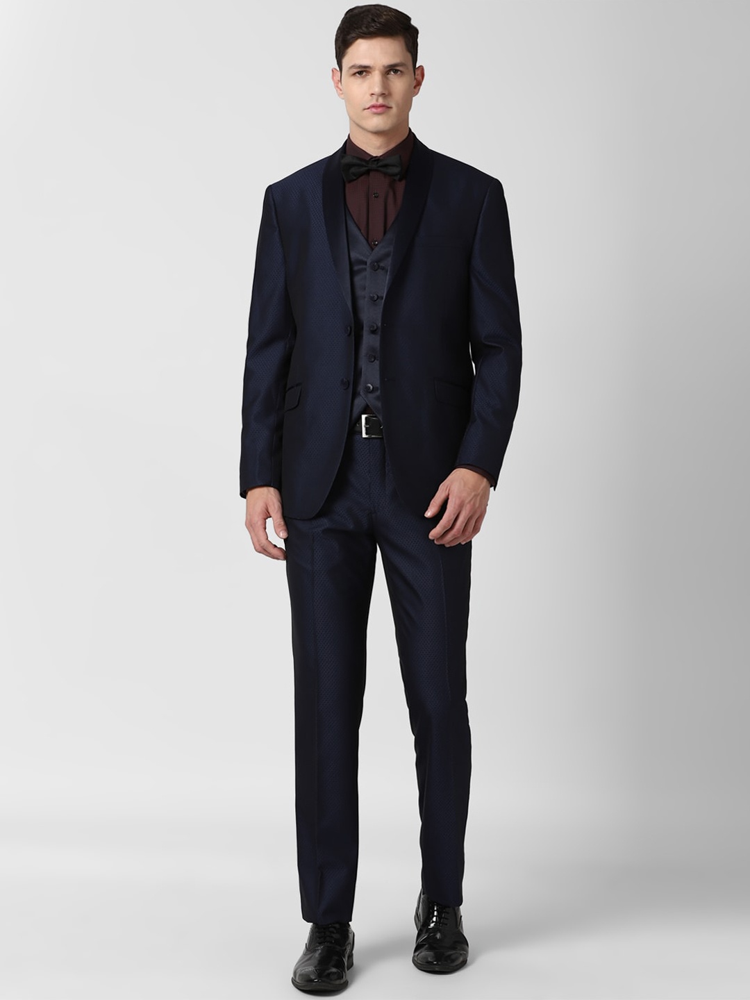 

Van Heusen Men Navy Blue Self Design Slim-Fit Three-Piece Formal Suit