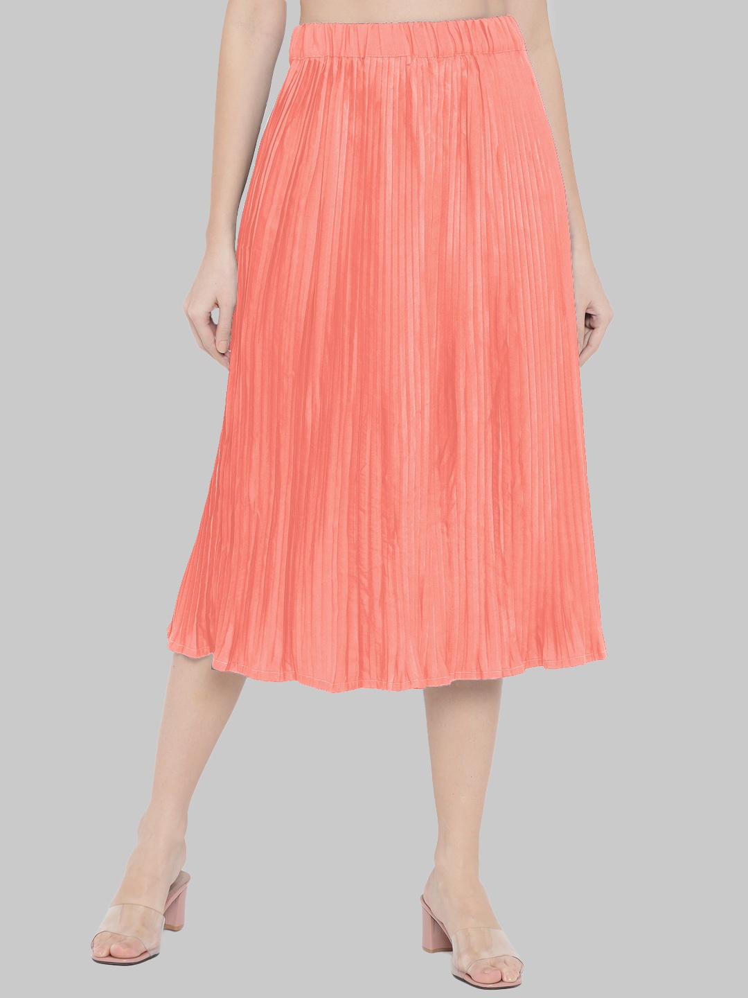 

Indietoga Women Peach-Coloured Solid Accordian Pleated Midi A-Line Skirt