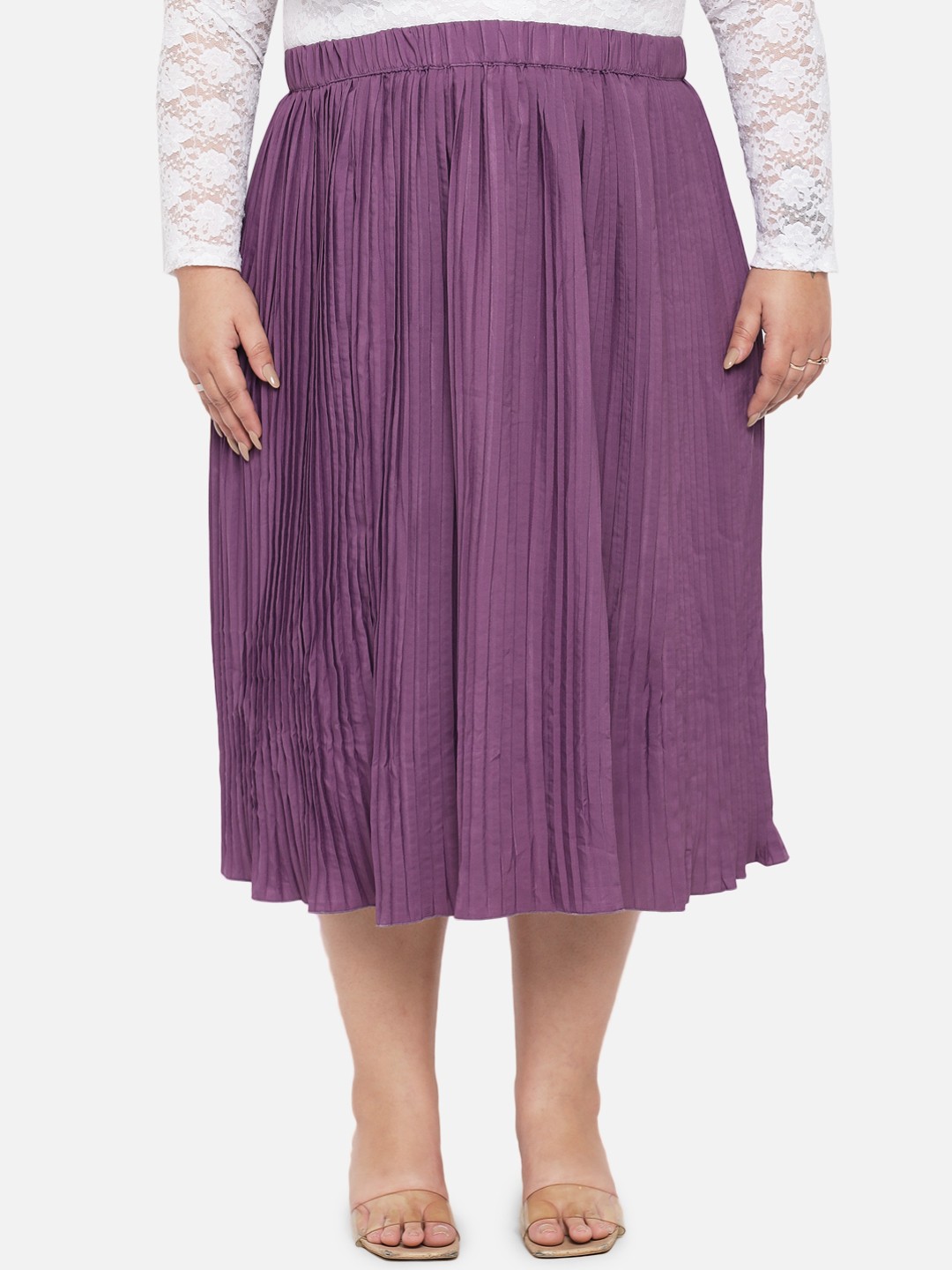 

Indietoga Women Plus Size Purple Accordian Pleated Solid A-Line Midi Skirt