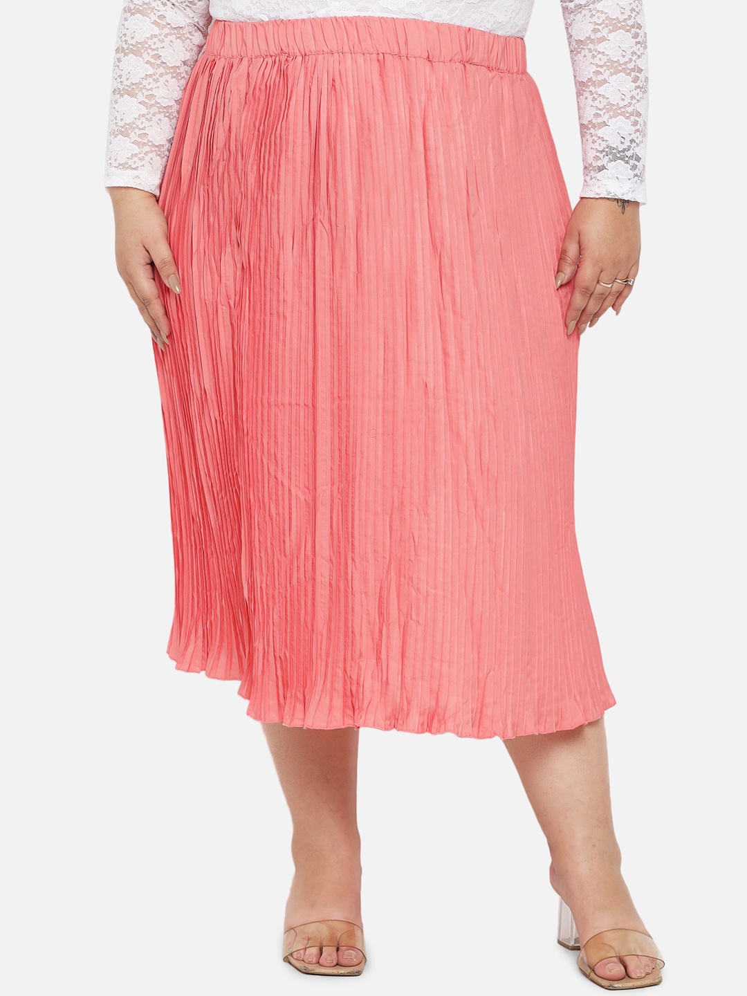 

Indietoga Women Plus Size Peach Accordian Pleated Solid A-Line Midi Skirt