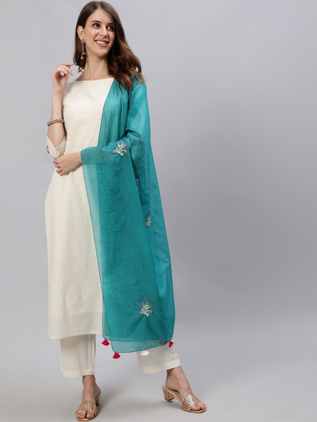 

Jaipur Kurti Women White Pure Cotton Kurta with Trousers & With Dupatta