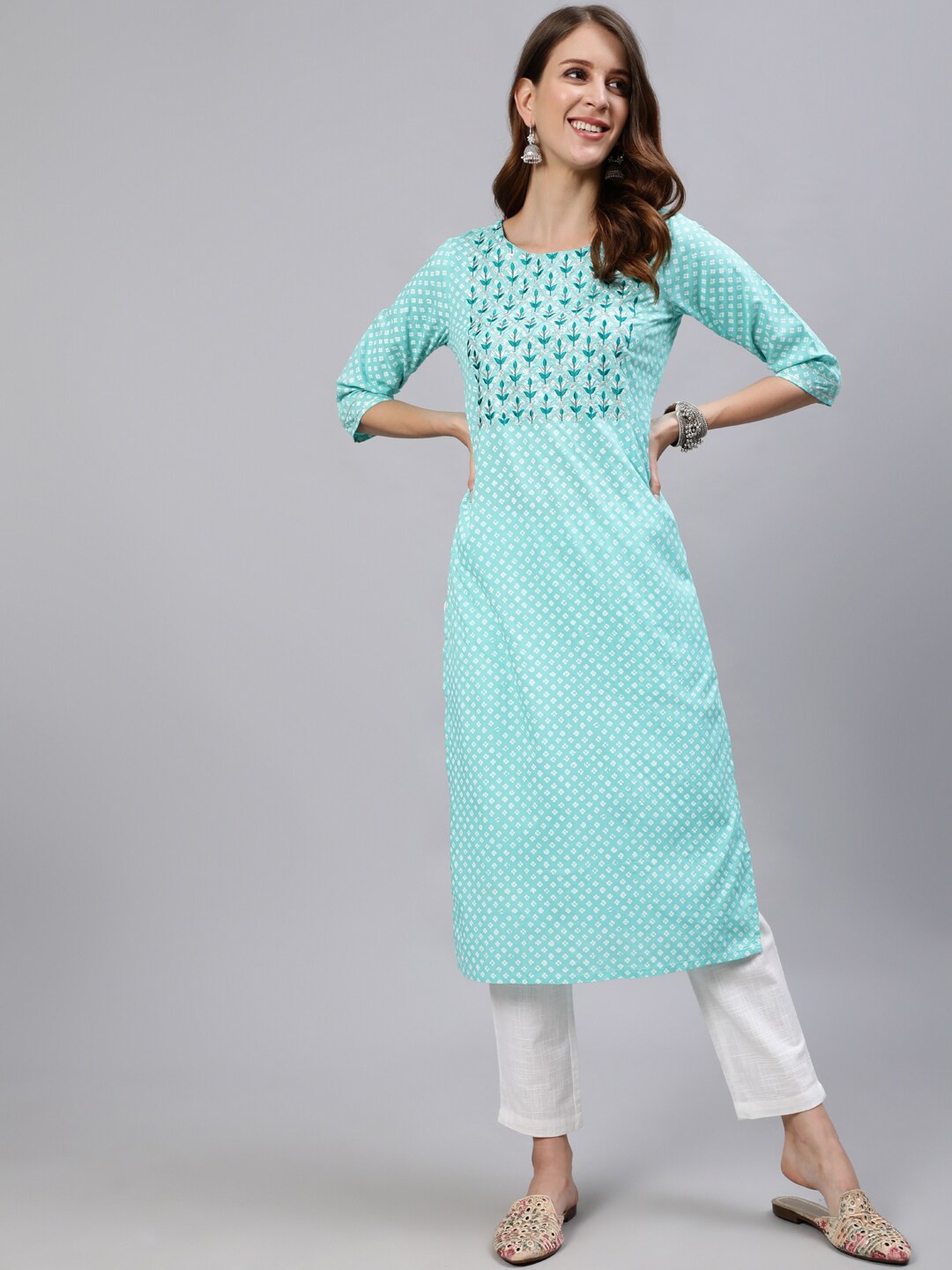 

Jaipur Kurti Women Sea Green Geometric Embroidered Gotta Patti Kurta