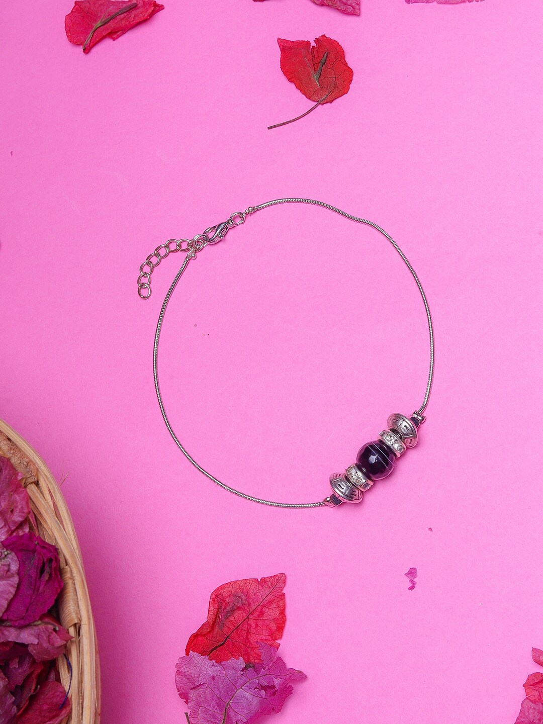 

DIVA WALK Silver-Plated & Black Beaded Anklet