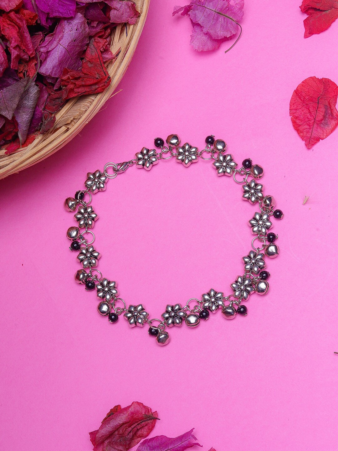 

DIVA WALK Women Silver-Plated & Black Beaded Anklet