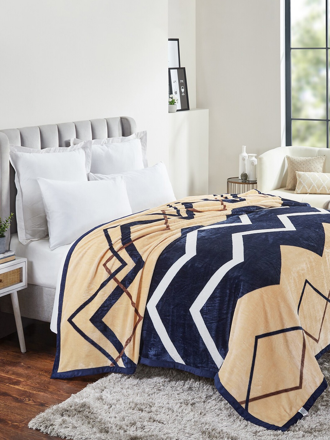 

Trident Blue & Beige Striped AC Room 280 GSM Double Bed Blanket