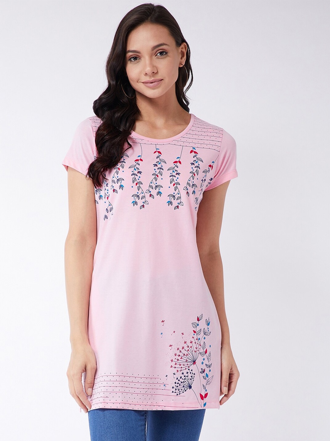 

Modeve Women Pink Floral Printed Longline T-shirt