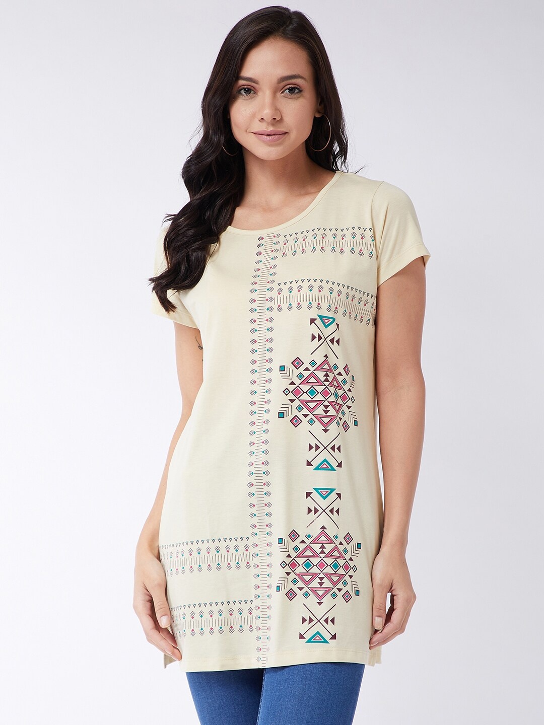

Modeve Women Cream-Coloured & Maroon Printed T-shirt
