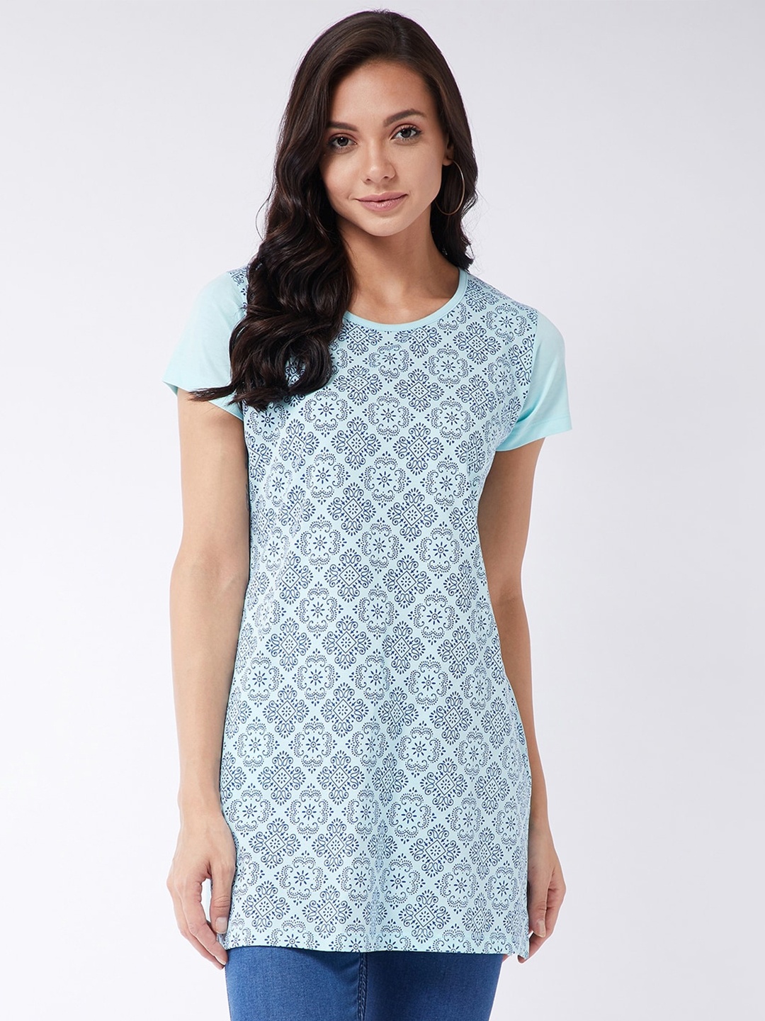 

Modeve Women Blue Printed Longline T-shirt