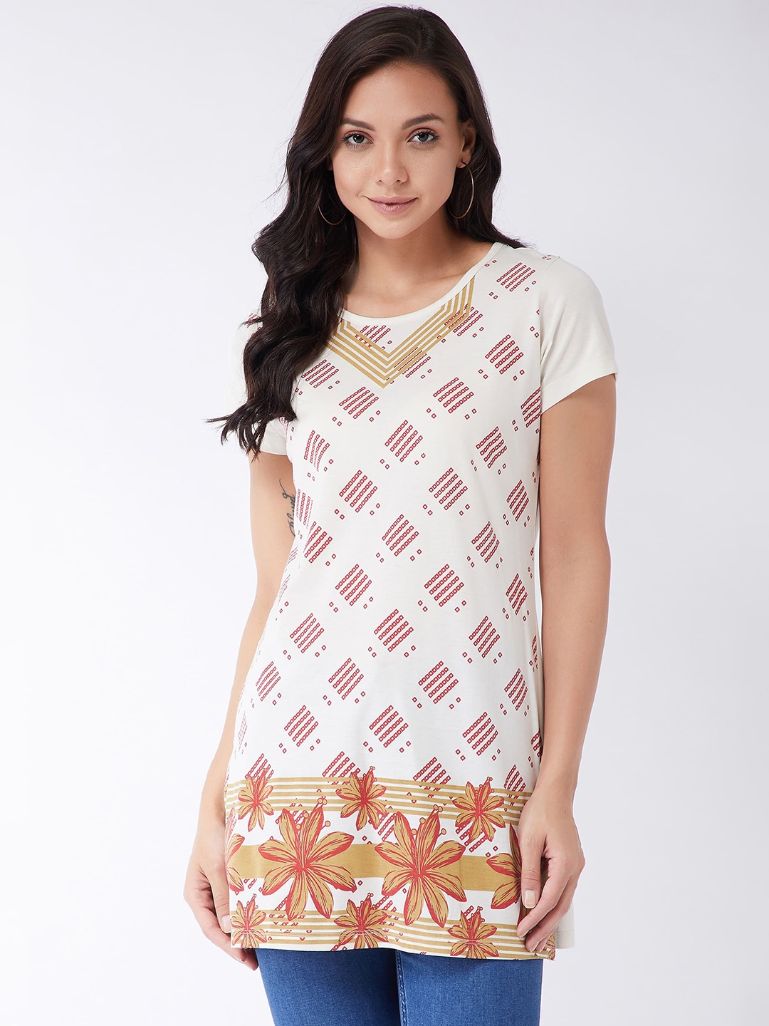 

Modeve Women Off White & Beige Printed T-shirt