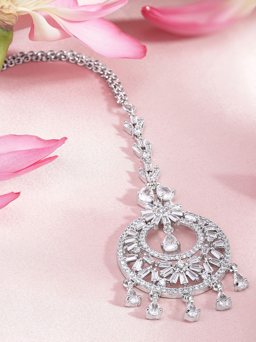 Rubans Silver-Plated Cubic Zicronia Studded Premium Maang Tikka