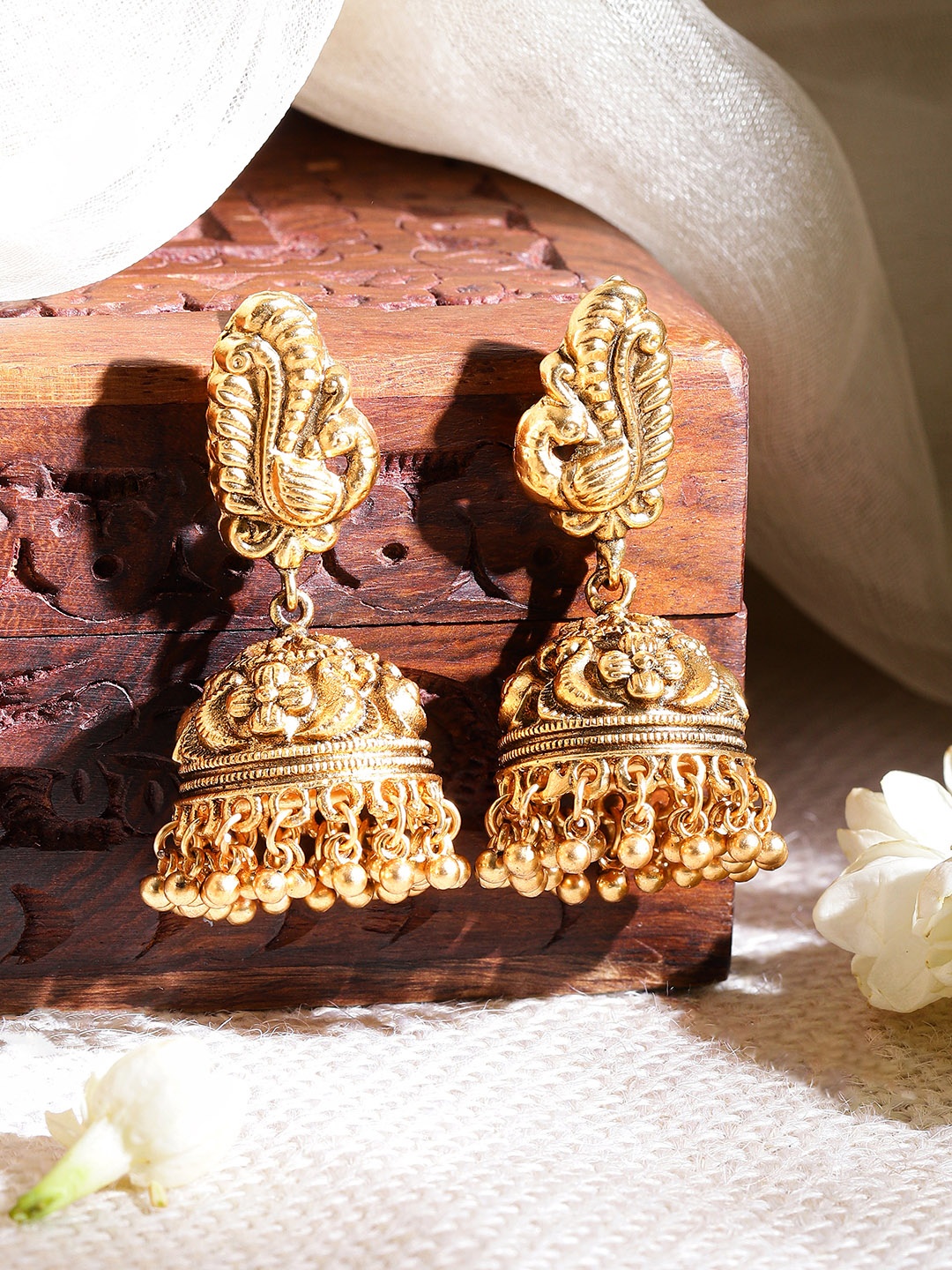 

Rubans 22K Gold Plated Peacock Design Dome Shaped Jhumkas Earrings with Golden Beads