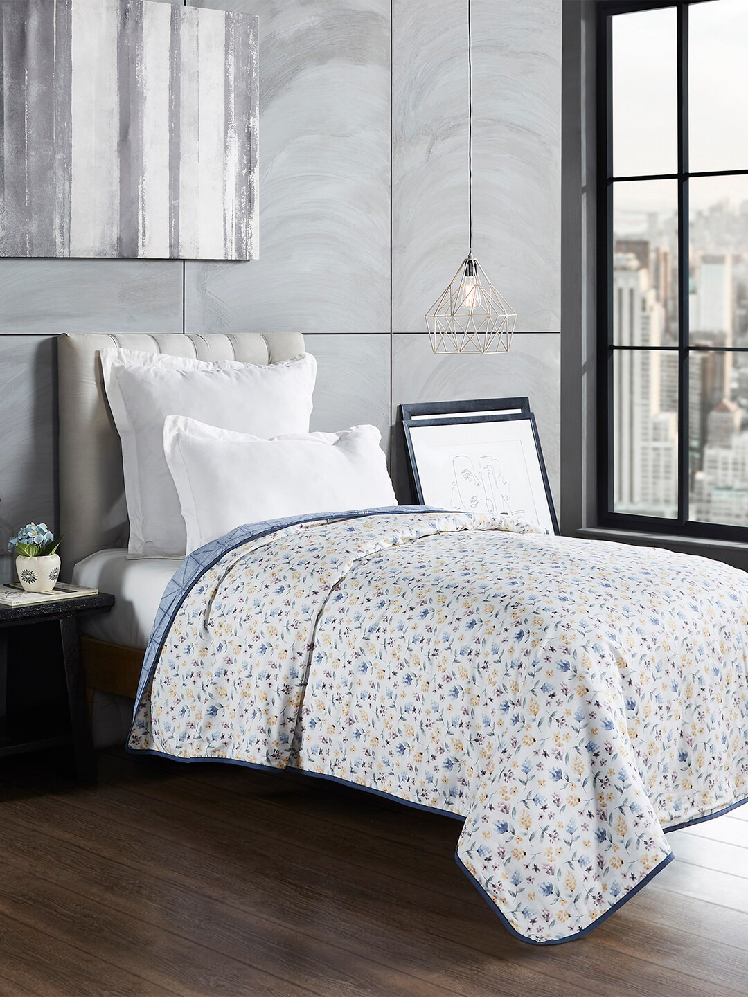 

Trident Blue & White Floral AC Room 110 GSM Single Bed Dohar