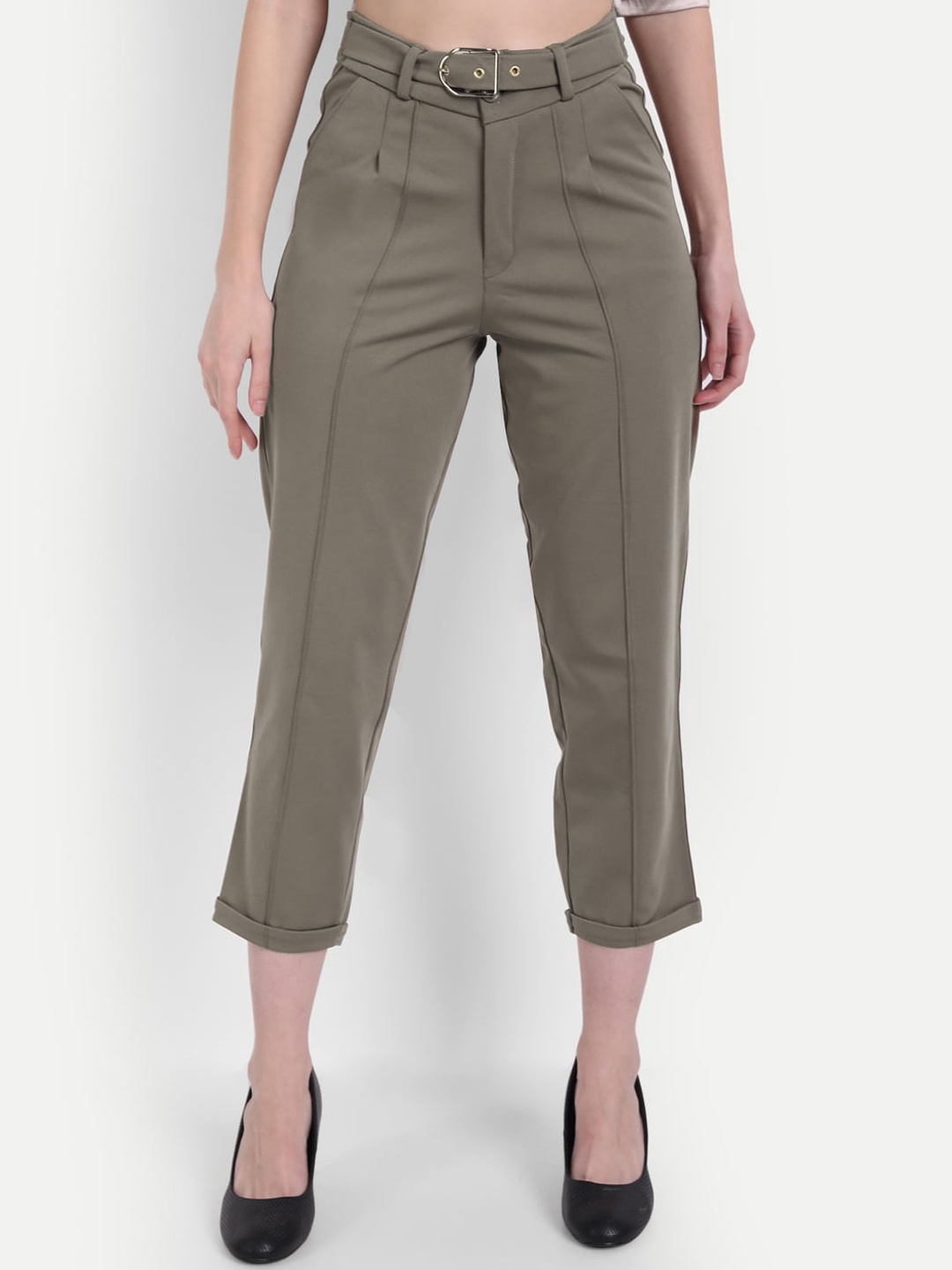 

BROADSTAR Women Olive Green Straight Fit High-Rise Pleated Trousers