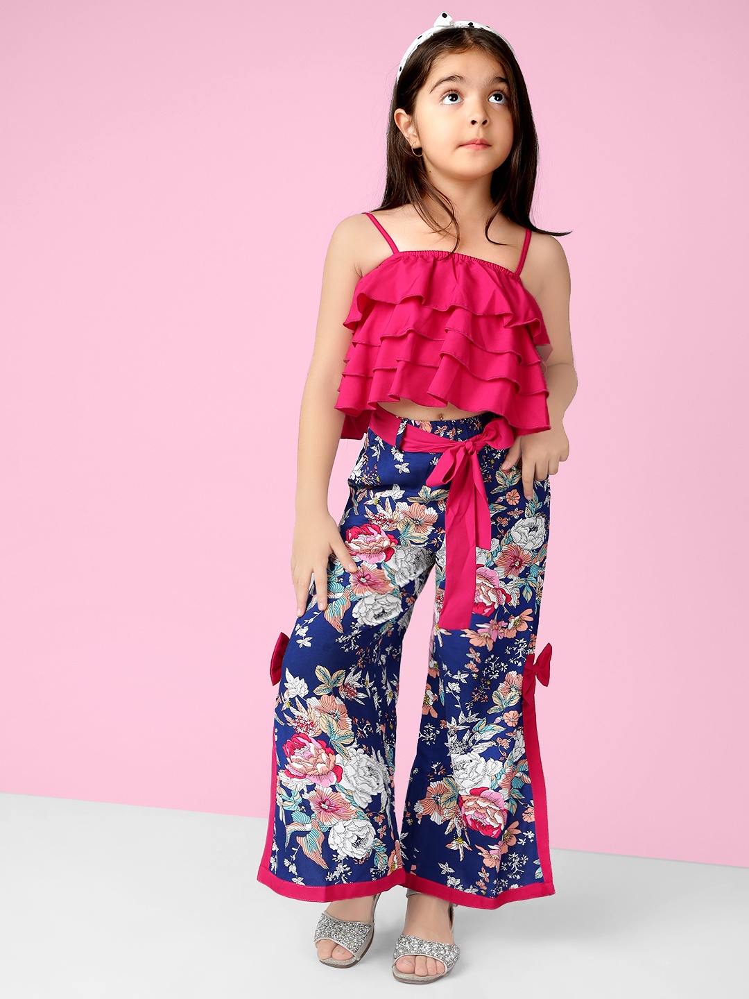 

Naughty Ninos Girls Red Solid Top with Navy Blue Palazzo