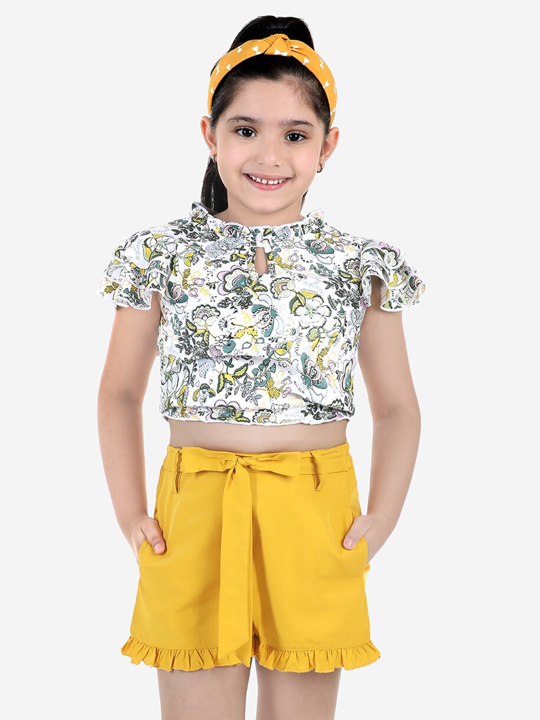 

Naughty Ninos Girls Off-White Printed Top with Yellow Shorts
