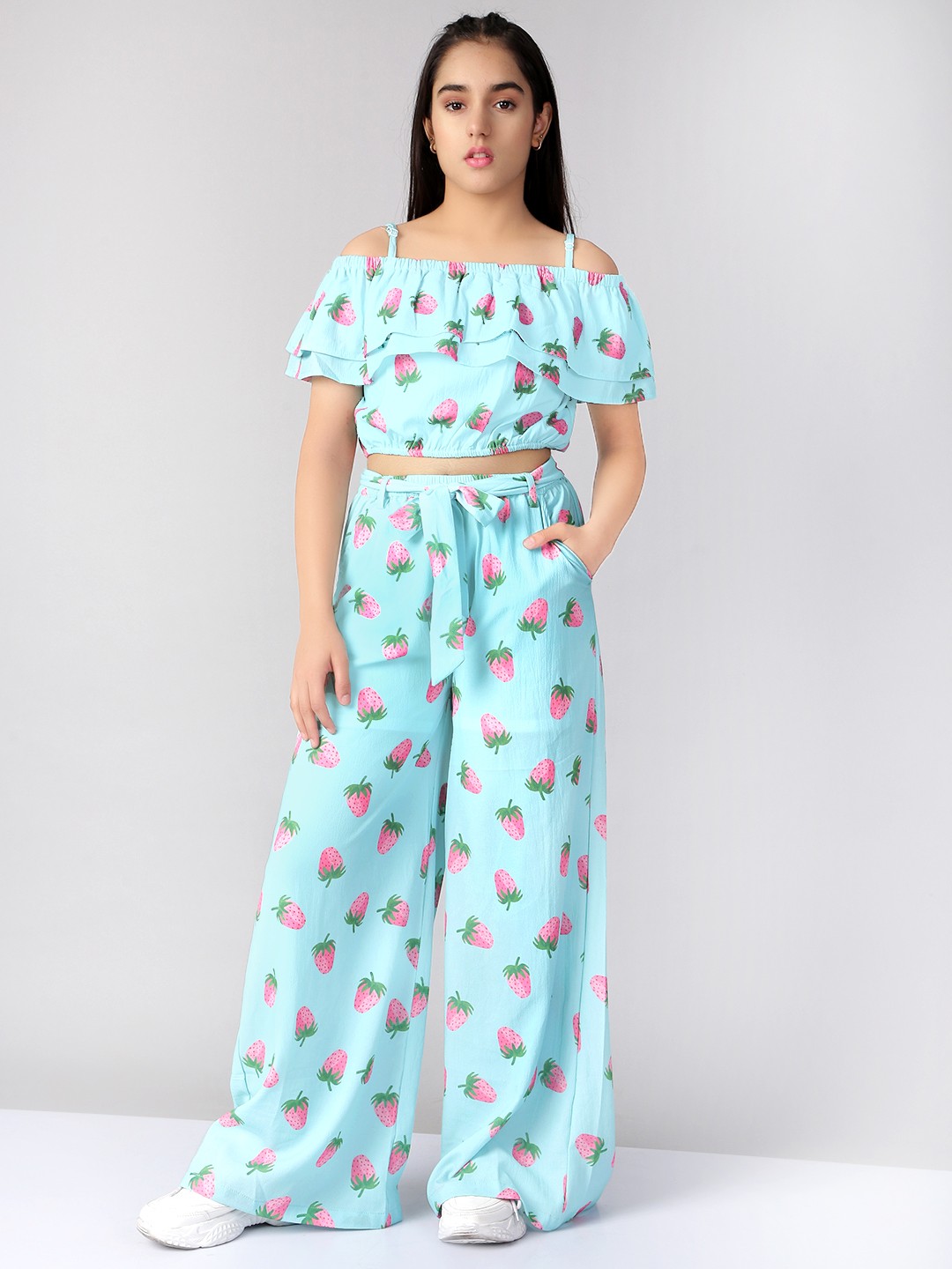 

Naughty Ninos Girls Blue Printed Top with Palazzo, Turquoise blue