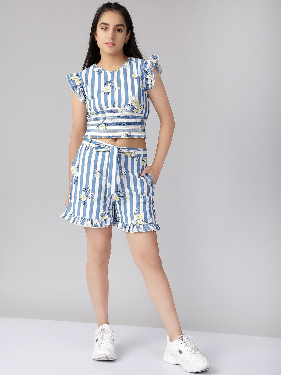 

Naughty Ninos Girls Blue & White Stripes Printed Top with Shorts