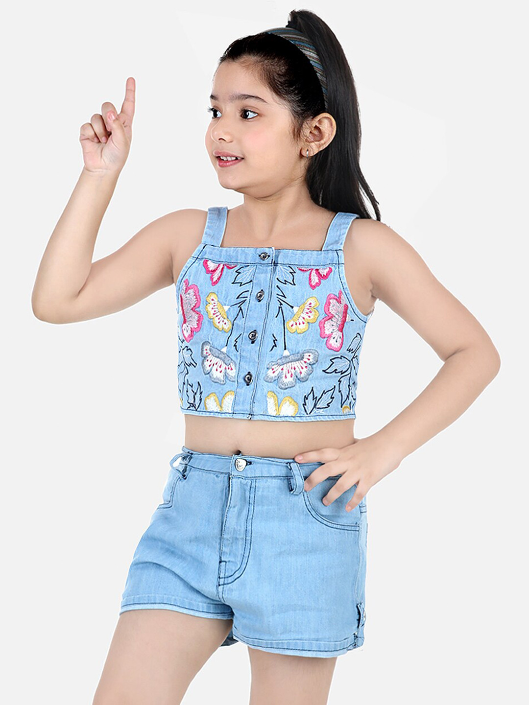

Naughty Ninos Girls Blue Embroidered Pure Cotton Top with Shorts