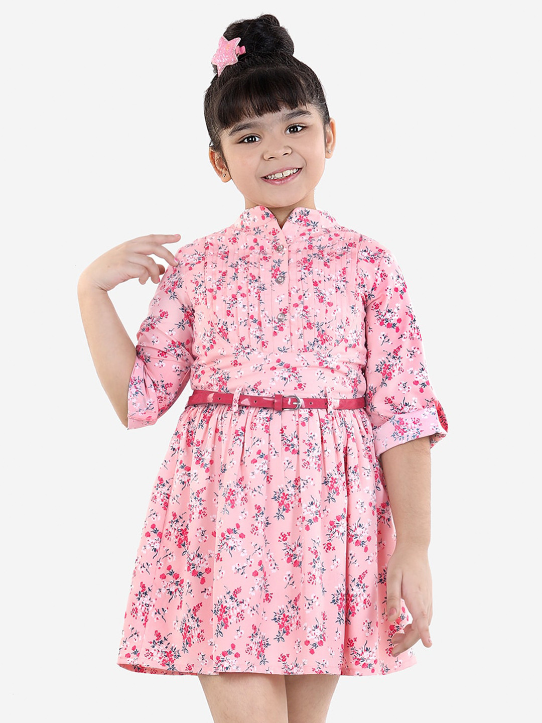 

Naughty Ninos Pink Floral Printed Fit & Flared Dress With Belt