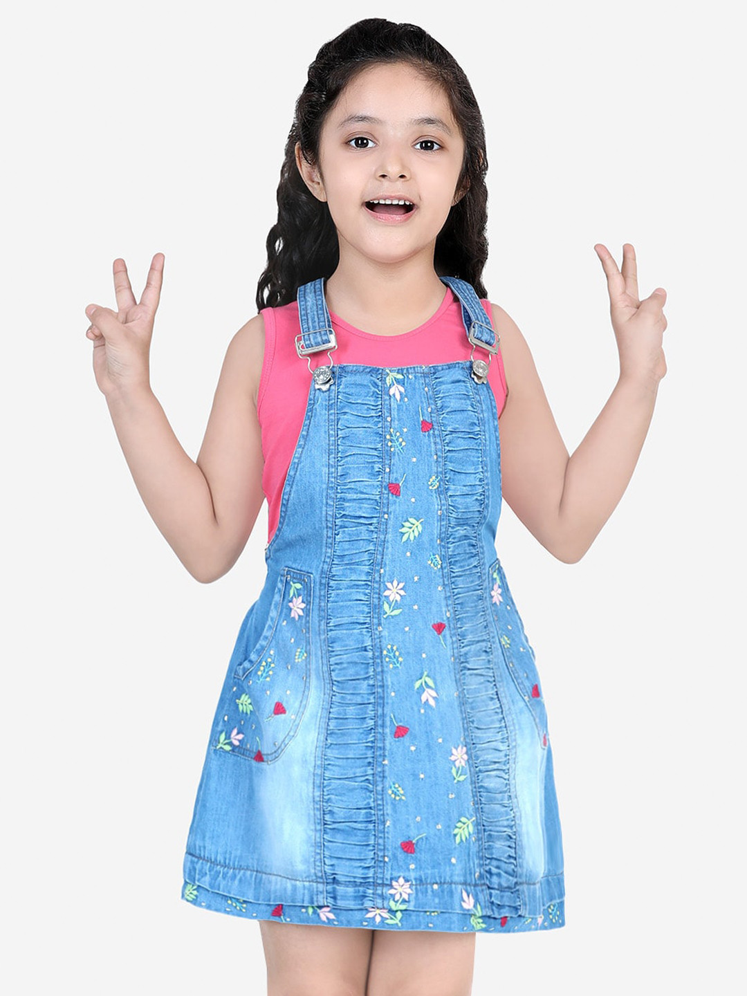 

Naughty Ninos Blue Floral Embroidered Pinafore Pure Cotton Dress