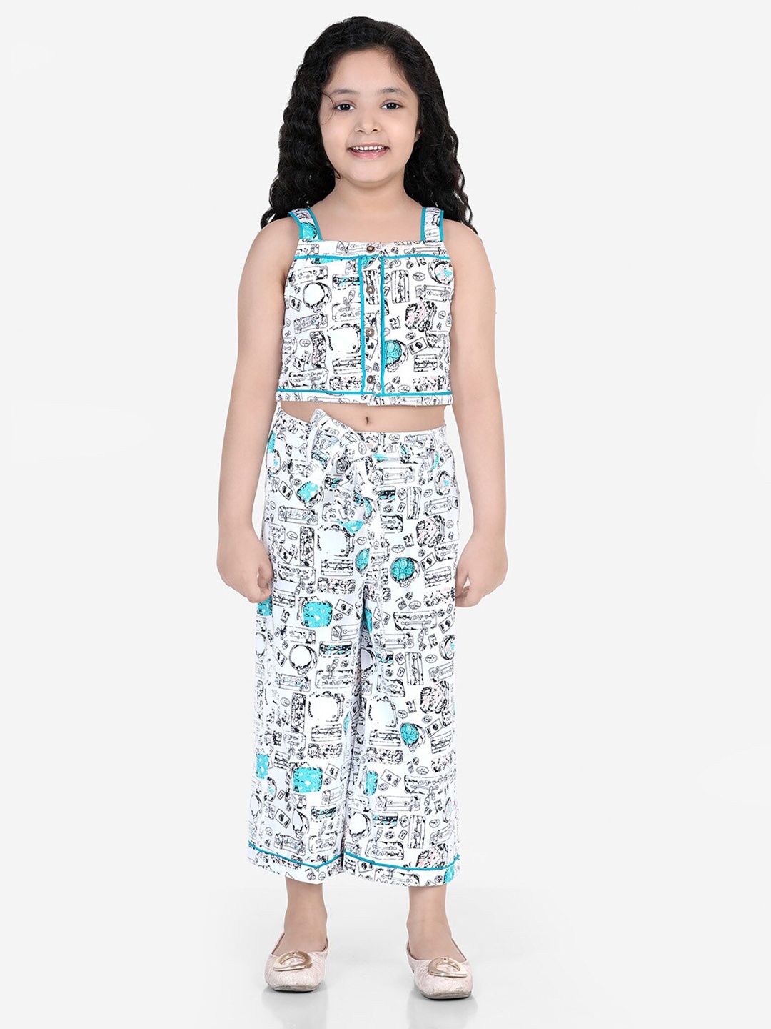 

Naughty Ninos Girls White & Blue Printed Top with Palazzos