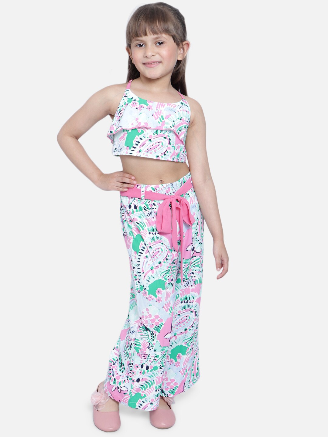 

Nauti Nati Girls White & Pink Abstract Printed Layered Crop Top with Palazzos