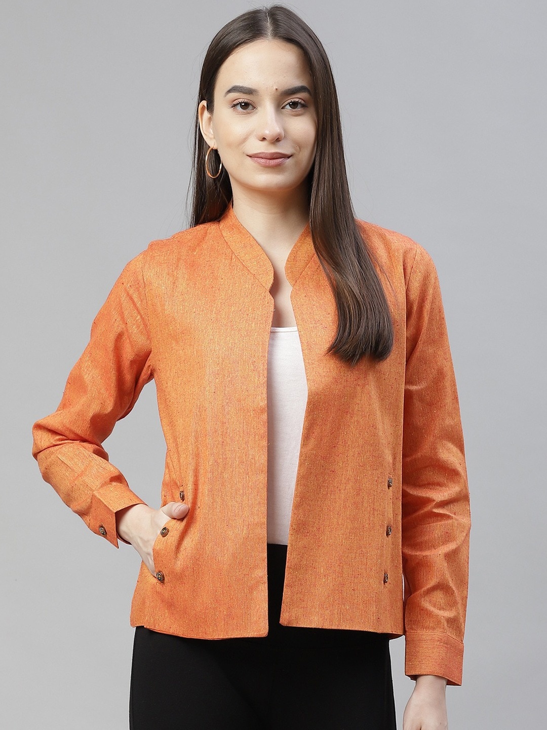

Cottinfab Women Orange Lightweight Cotton Open Front Jacket