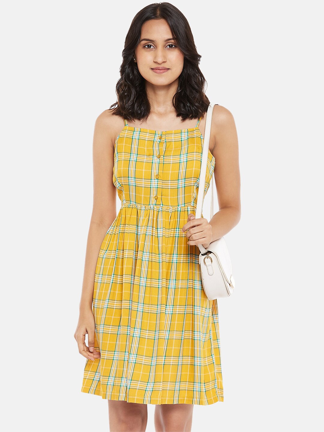 

People Yellow & Sea Green Checked Pure Cotton Fit & Flared Dress