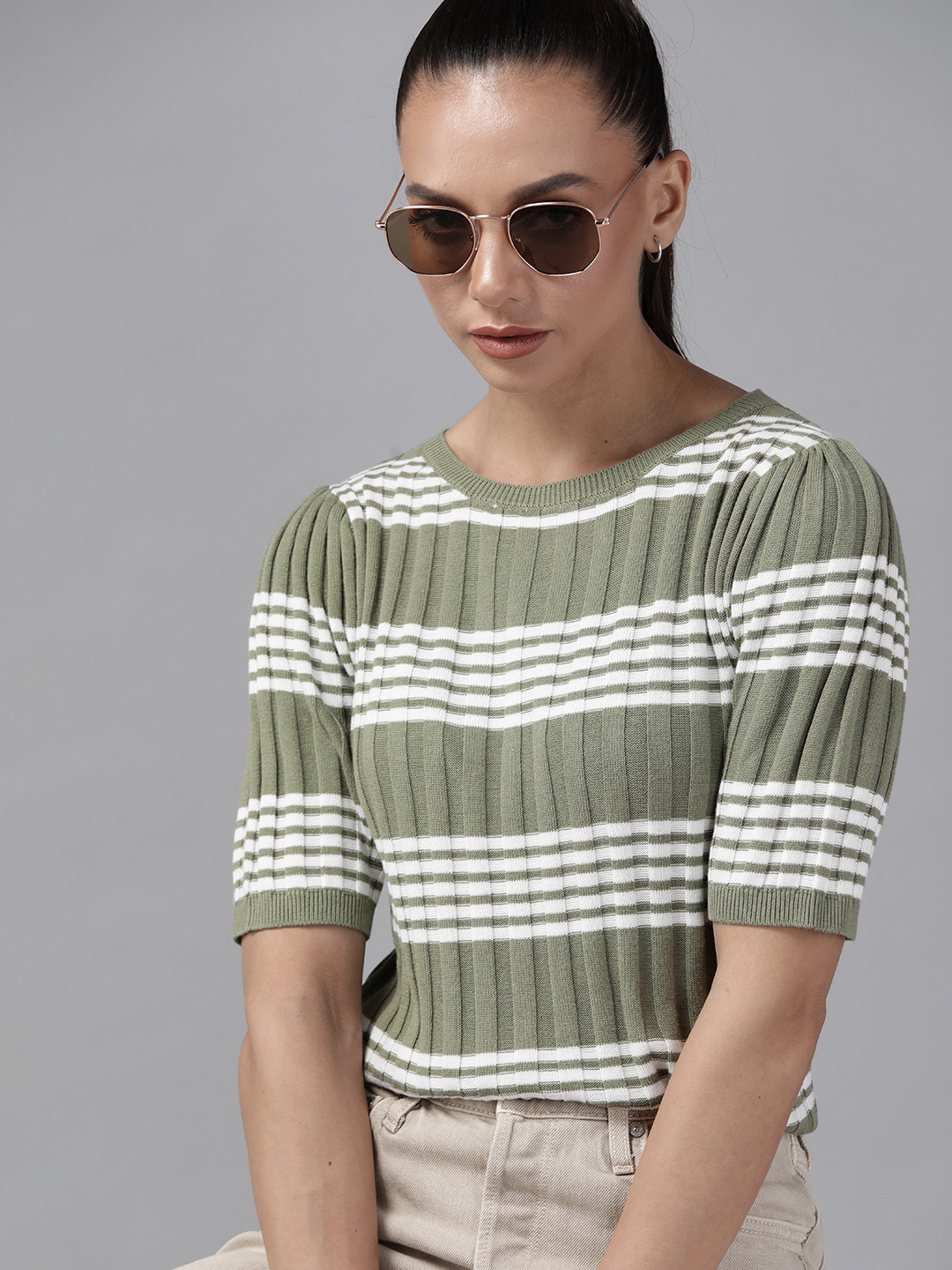 

Roadster Olive Green & White Striped Top