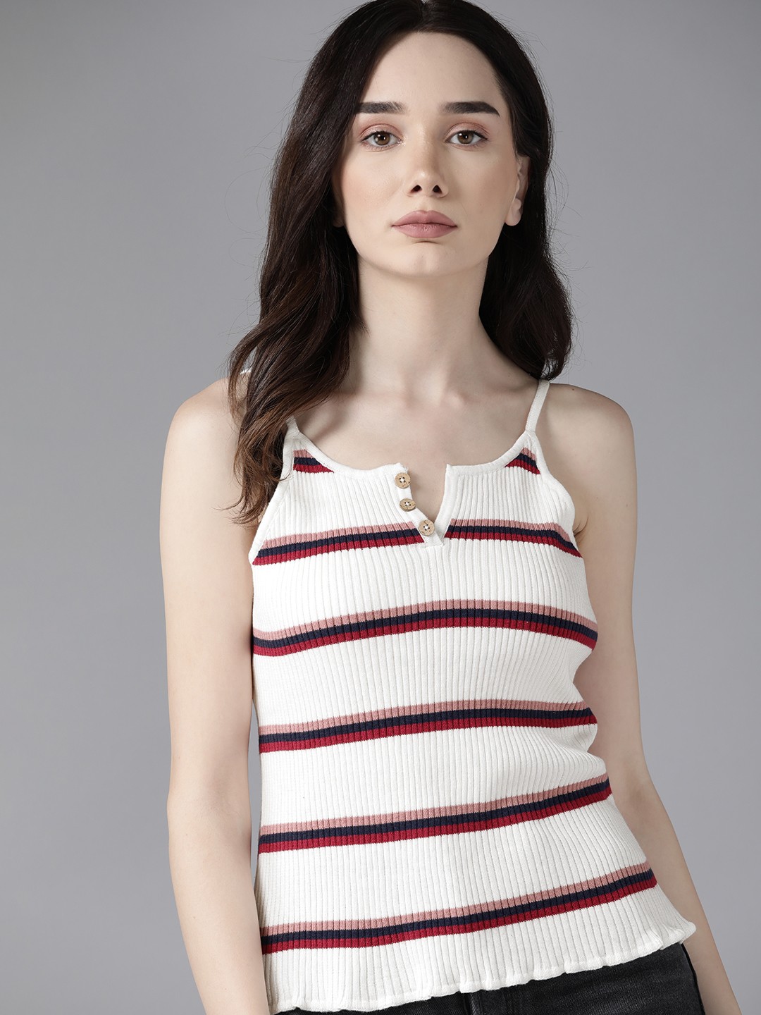 

Roadster Women White & Magenta Striped Split Neck Regular Top