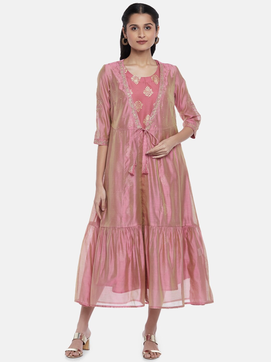 

RANGMANCH BY PANTALOONS Women Pink Striped A-Line Midi Dress