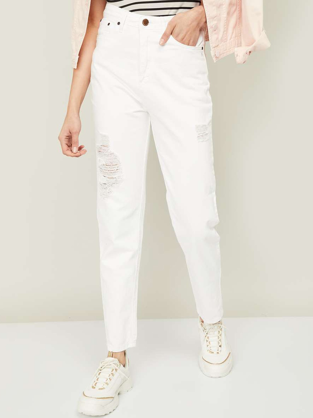 

Xpose Women White Mom Fit High-Rise Highly Distressed Jeans