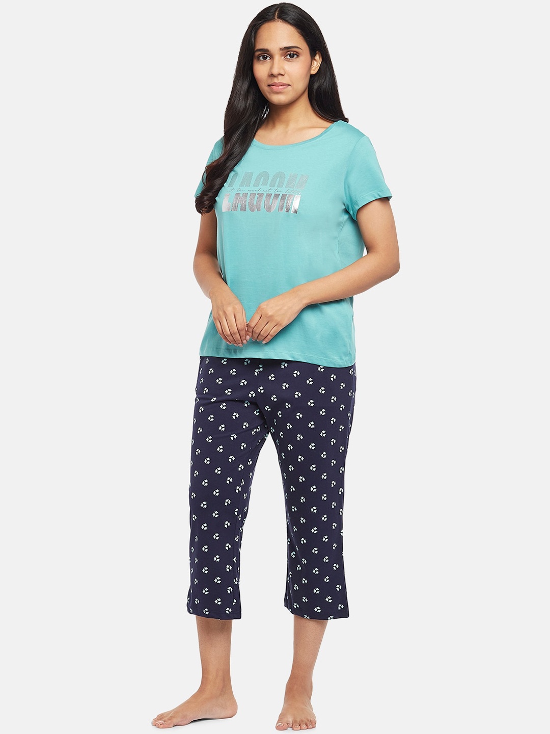 

Dreamz by Pantaloons Women Blue & Navy Blue Printed Pure Cotton Night suit