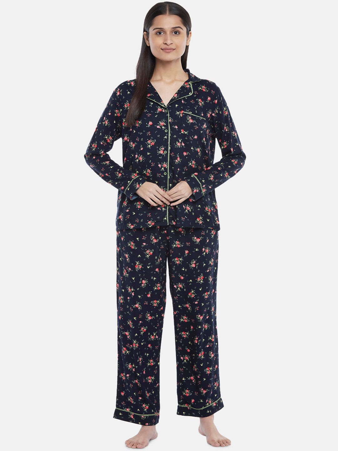 

Dreamz by Pantaloons Women Navy Blue & Red Floral Printed Night Suits