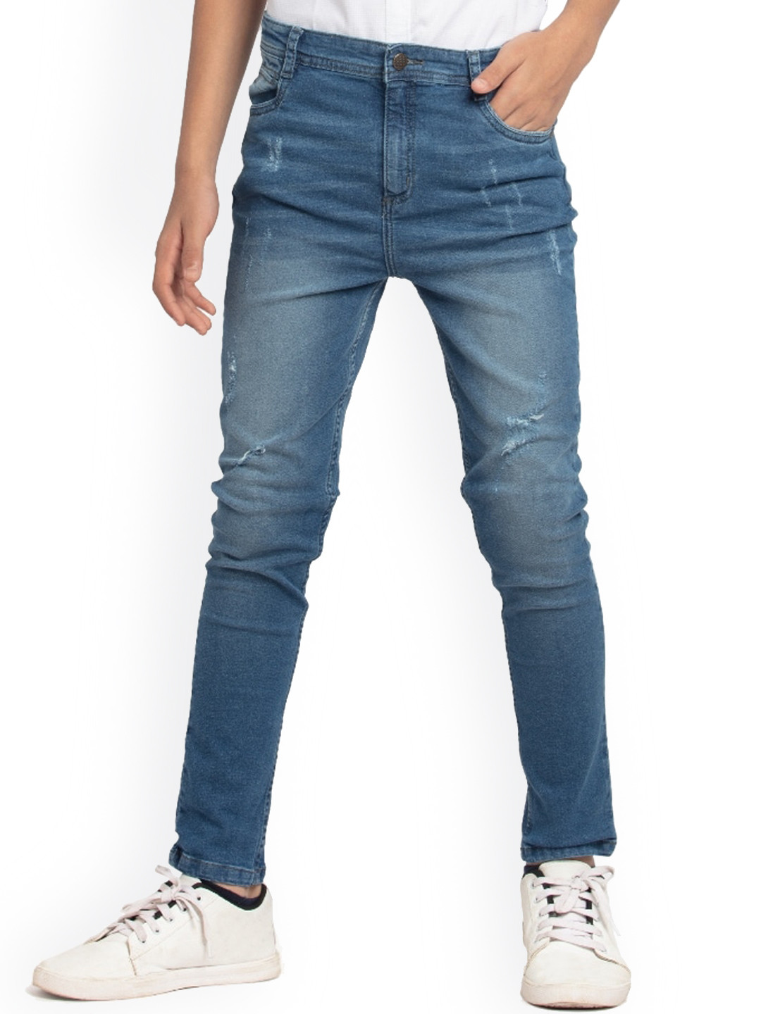 

UNDER FOURTEEN ONLY Boys Navy Blue Slim Fit Mildly Distressed Light Fade Stretchable Jeans