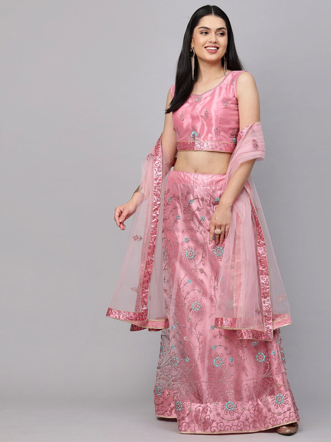 

Rajesh Silk Mills Women Pink Semi-Stitched Lehenga & Unstitched Blouse With Dupatta