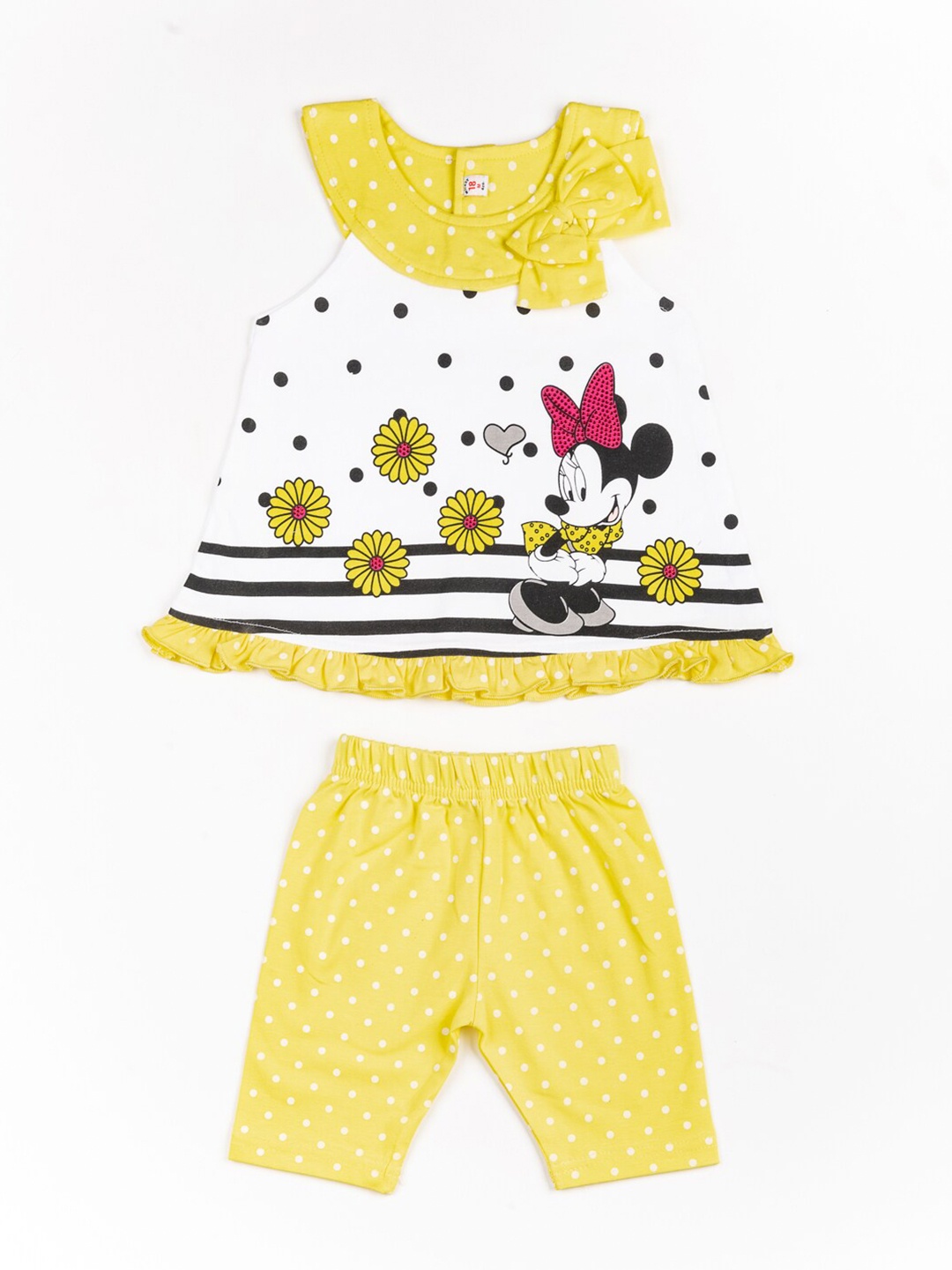 

BFF Girls White & Yellow Minnie Mouse Printed Pure Cotton Top with Capris