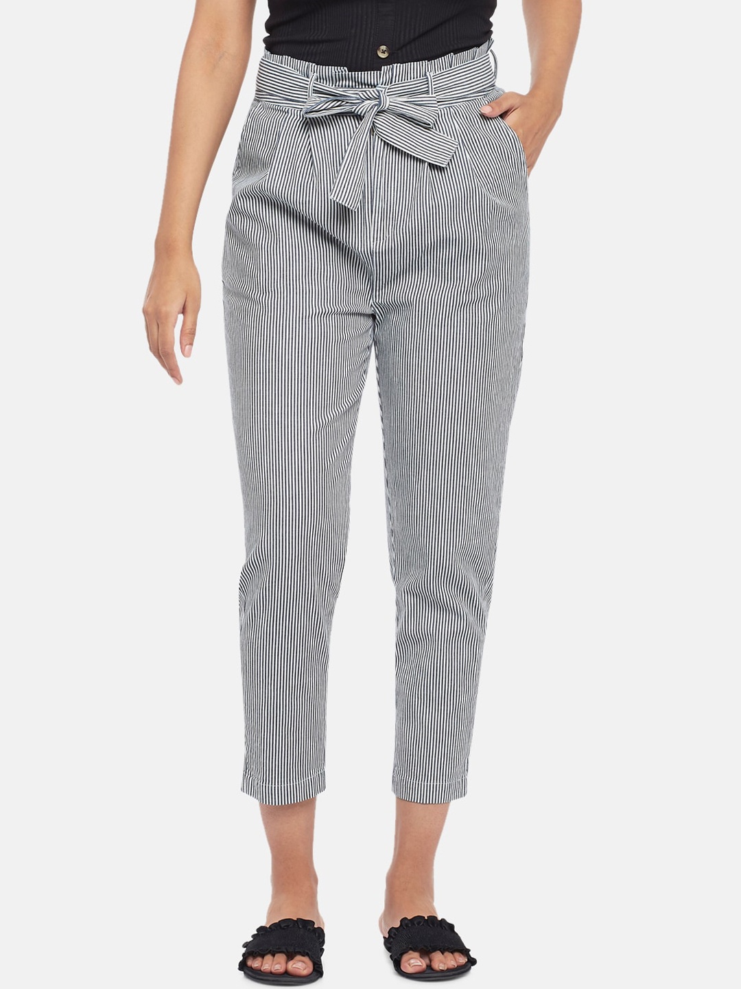 

People Women Off White & Grey Striped High-Rise Pleated Pure Cotton Trousers