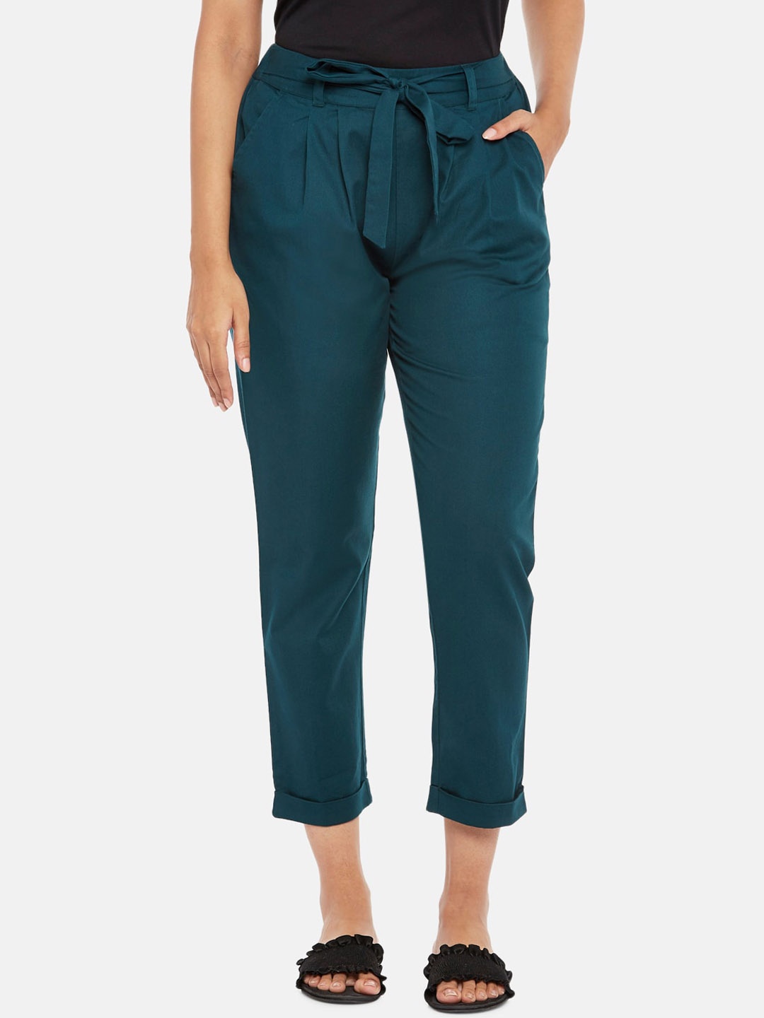 

People Women Green Tapered Fit High-Rise Pleated Pure Cotton Trousers
