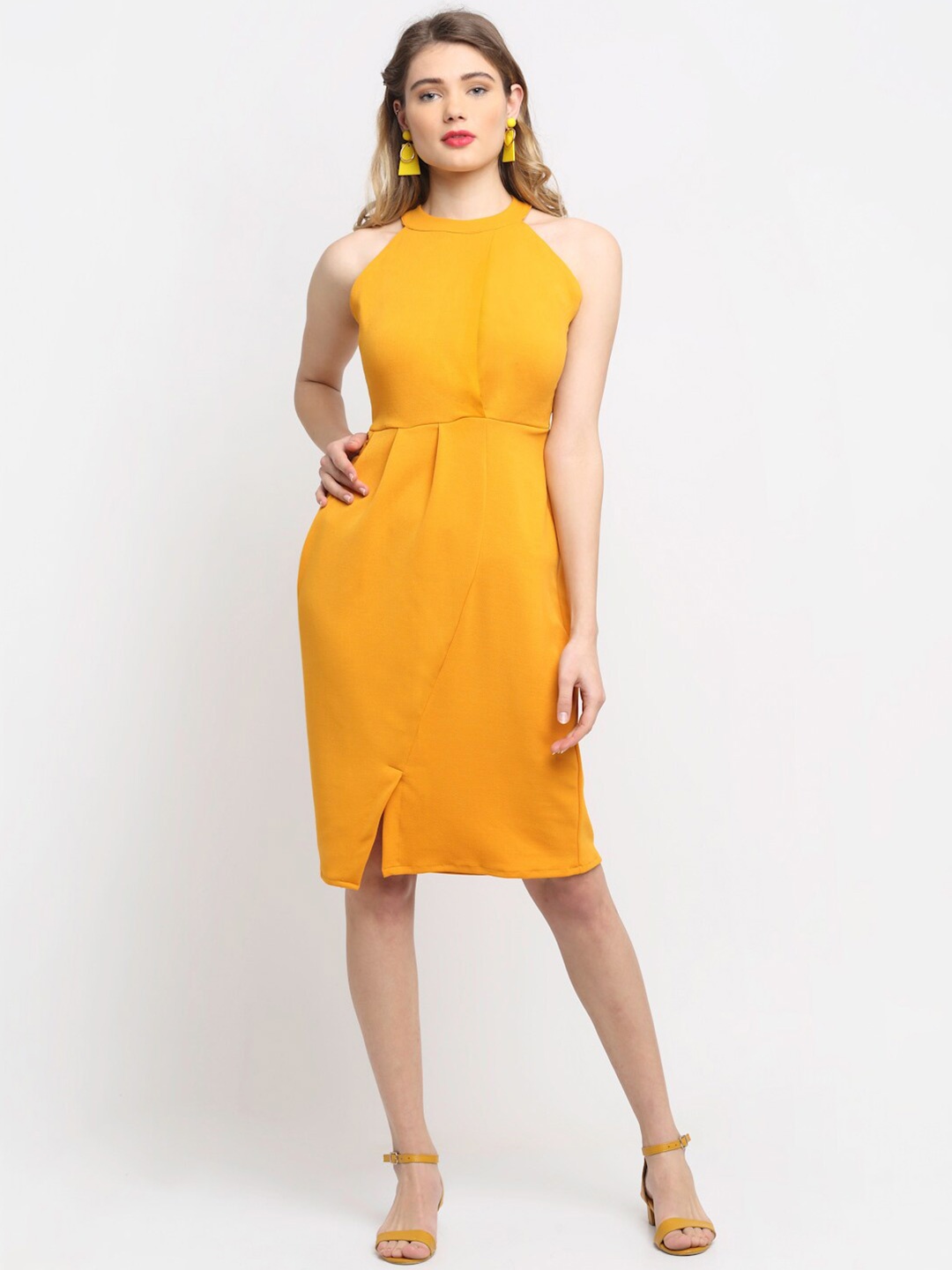 

Sugathari Mustard Yellow Halter Neck Bodycon Dress