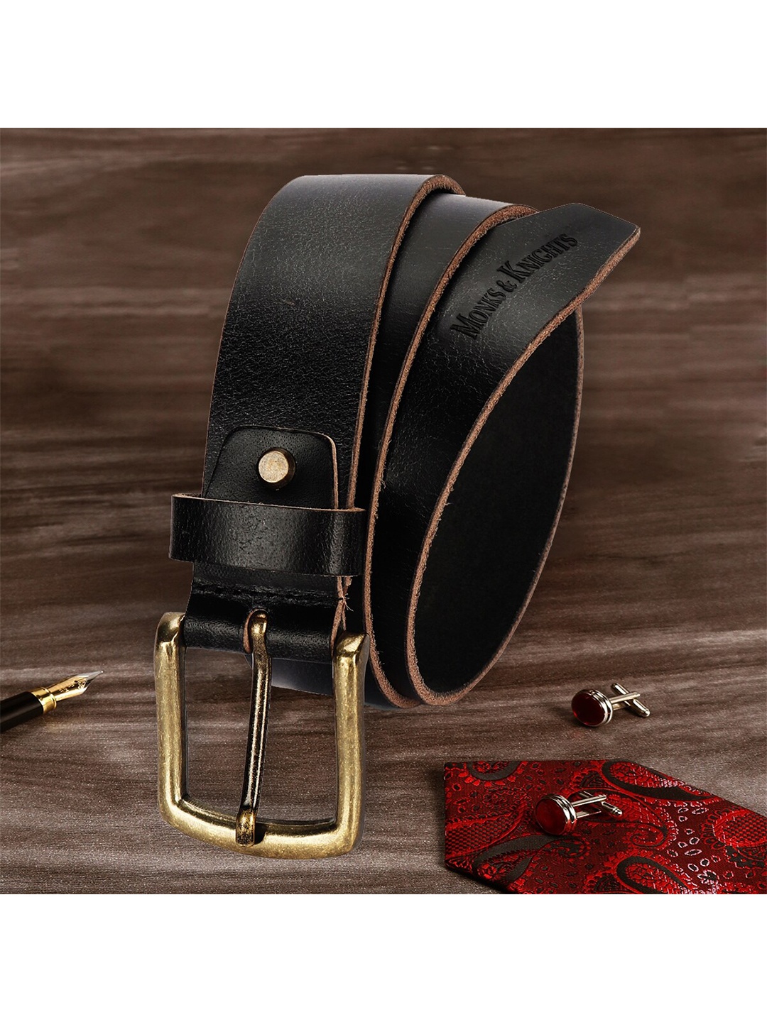 

MONKS & KNIGHTS Men Black Leather Belt