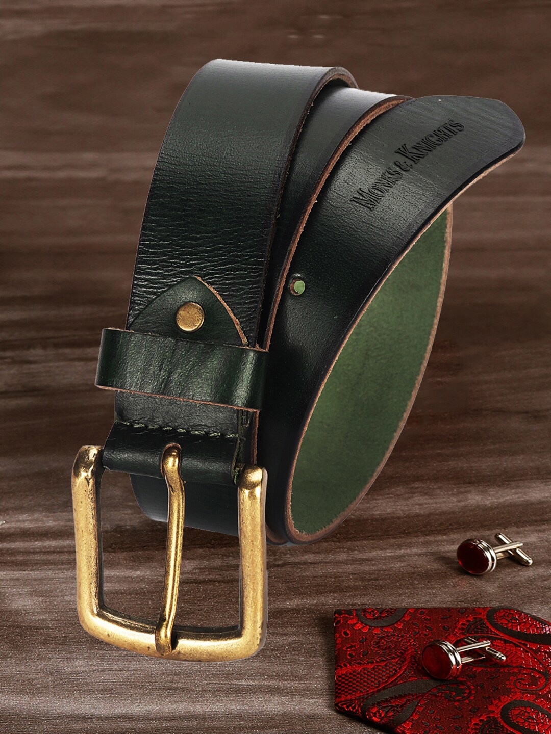 

MONKS & KNIGHTS Men Green Textured Leather Casual Belt