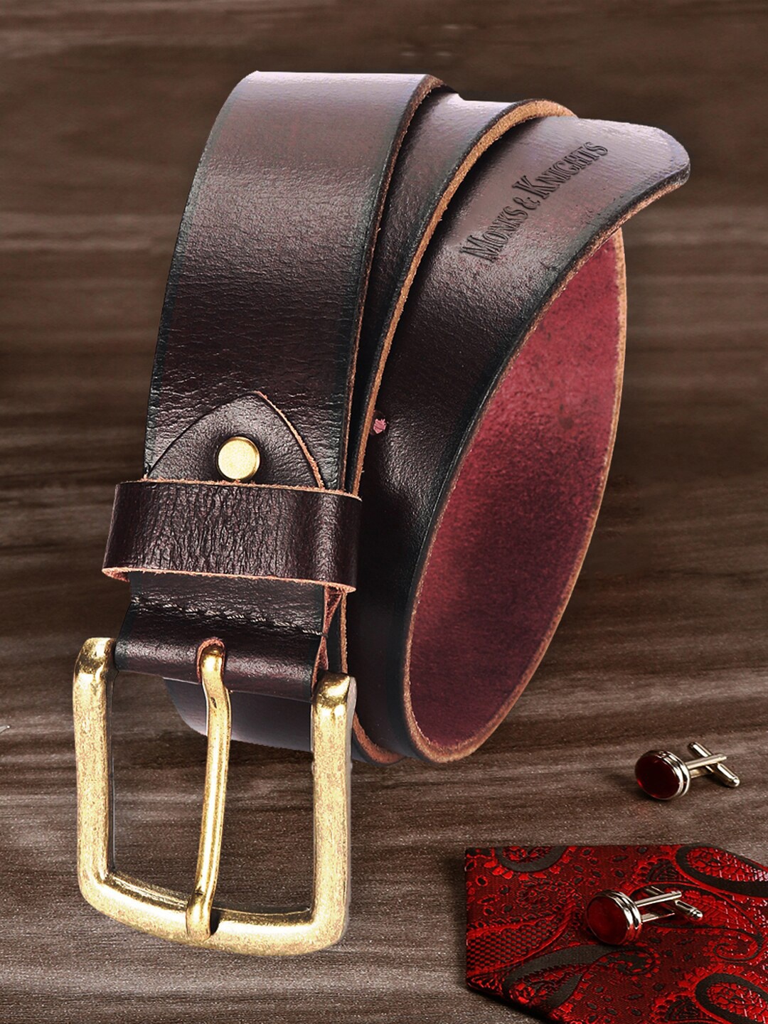 

MONKS & KNIGHTS Men Maroon Textured Leather Casual Belt