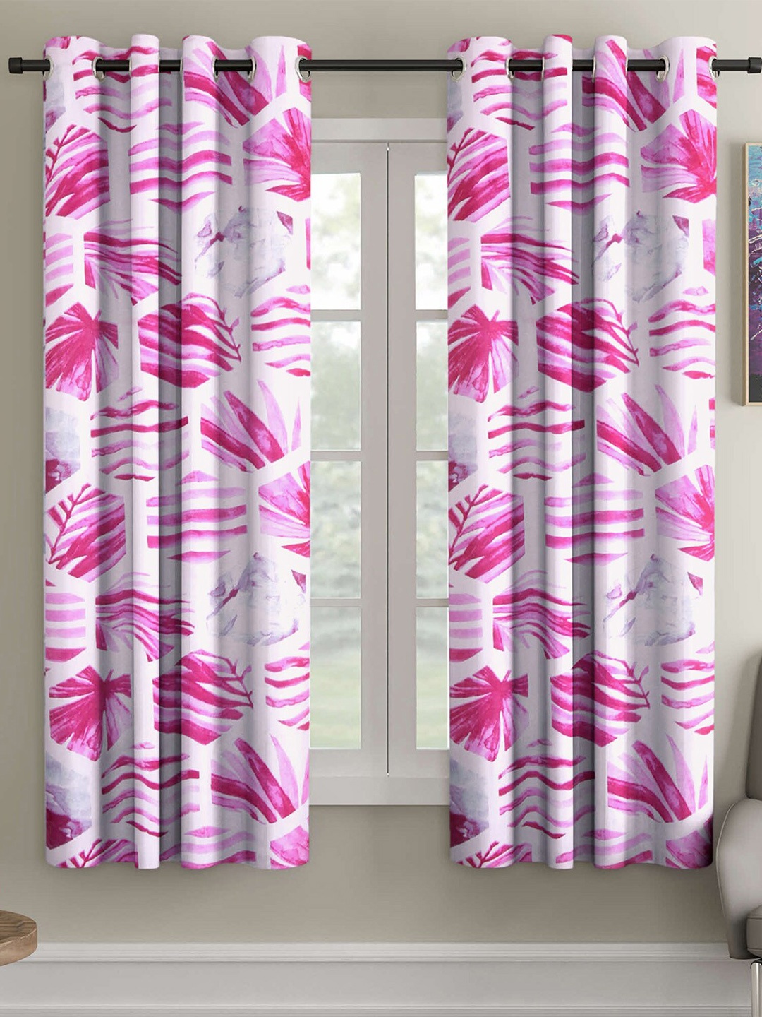 

Ispace Pink & White Set of 2 Floral Window Curtain