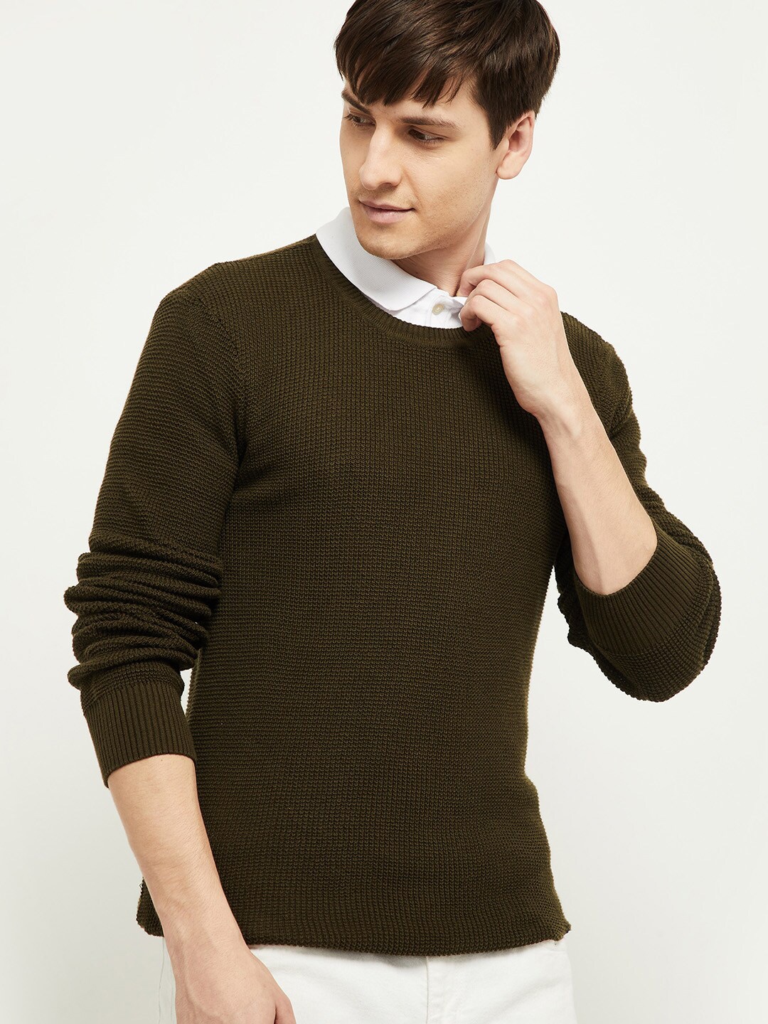 

max Men Green Ribbed Pullover